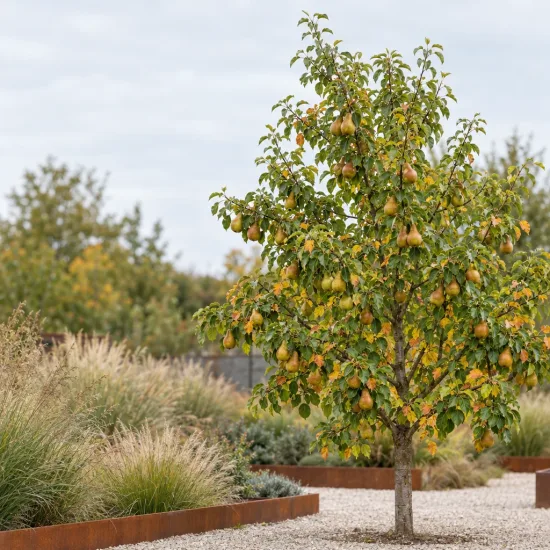 Poirier 'General leclerc' (Pyrus communis) — arbre fruitier isolé chargé de poires · Photo d'illustration