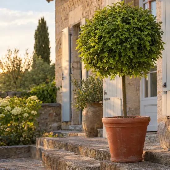 Charme commun 'Minor globe' (Carpinus betulus) — arbuste en tige formant une boule dense