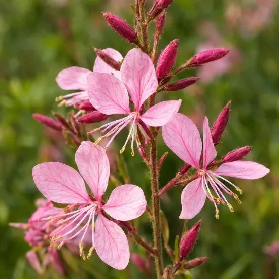 Gaura 'Geyser pink' (Gaura lindheimeri) — gros plan sur grappes de fleurs roses · Photo d'illustration