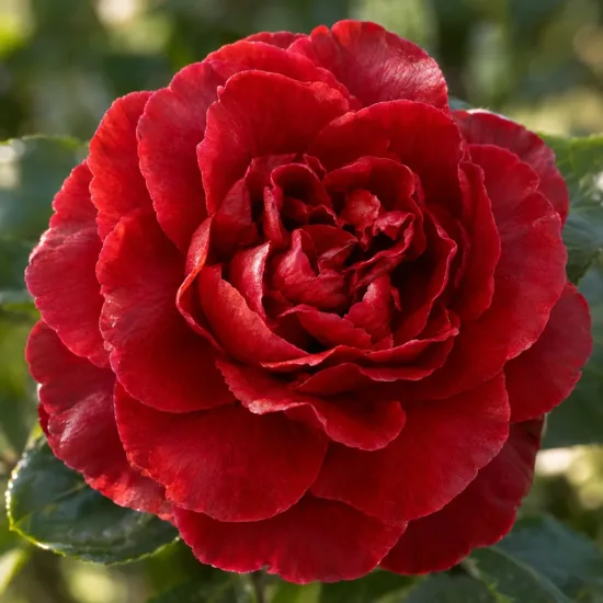 Camélia du japon 'Black lace rouge' (Camellia japonica) — gros plan sur une fleur rouge épanouie · Photo d'illustration