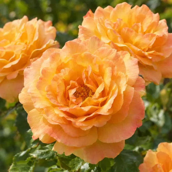 Rosier 'Saint exupery' (Rosa hybrida) — gros plan de fleurs orangées épanouies · Photo d'illustration