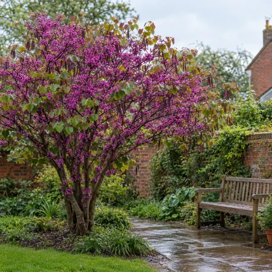 Gainier du canada 'Oklahoma' (Cercis canadensis) — arbre à fleurs roses dans un jardin
