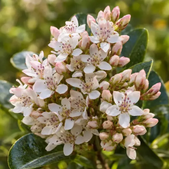 Raphiolépis du japon 'Ovata' (Rhaphiolepis umbellata) — gros plan sur grappes de petites fleurs blanches