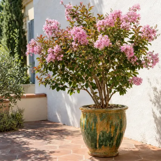 Lilas des indes 'Eveline' (Lagerstroemia indica) — arbuste fleuri en pot sur terrasse ensoleillée