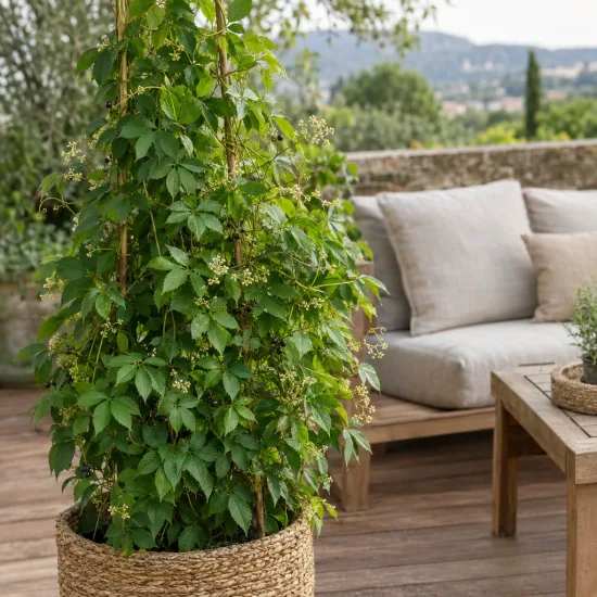 Herbe de l'immortalité (Gynostemma pentaphyllum) — plante grimpante en pot sur terrasse aménagée · Photo d'illustration