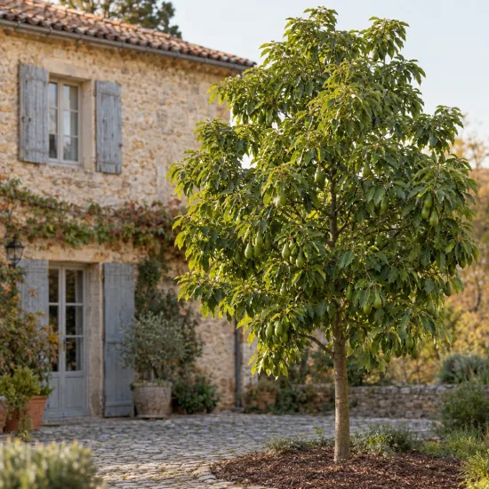 Avocatier race mexicaine 'Zutano' (Persea americana) — arbre au feuillage dense devant maison en pierre · Photo d'illustration