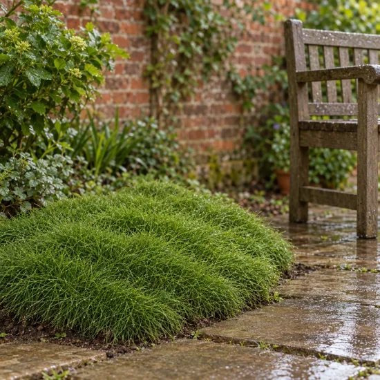 Gazon des mascareignes (Zoysia tenuifolia) — coussin dense de gazon bas près d’une terrasse · Photo d'illustration