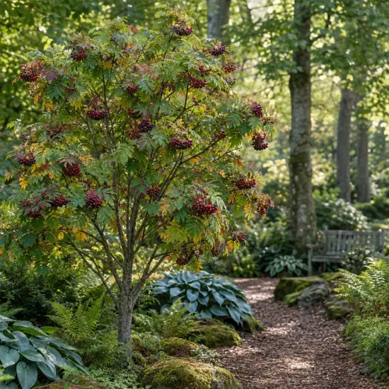 Fruitier rare 'Mitjurinskaja desertnaja' (Sorbomespilus) — petit arbre fruitier dans un jardin ombragé