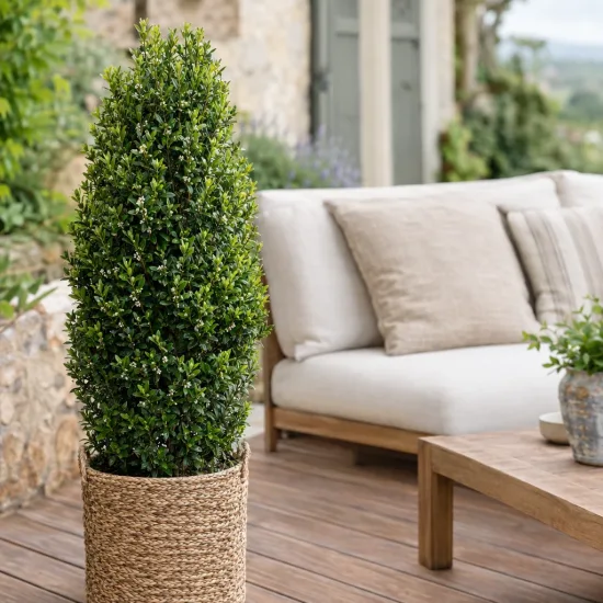 Houx crénelé 'O 'farrowsk6' (Ilex) — grand arbuste en pot osier sur terrasse · Photo d'illustration