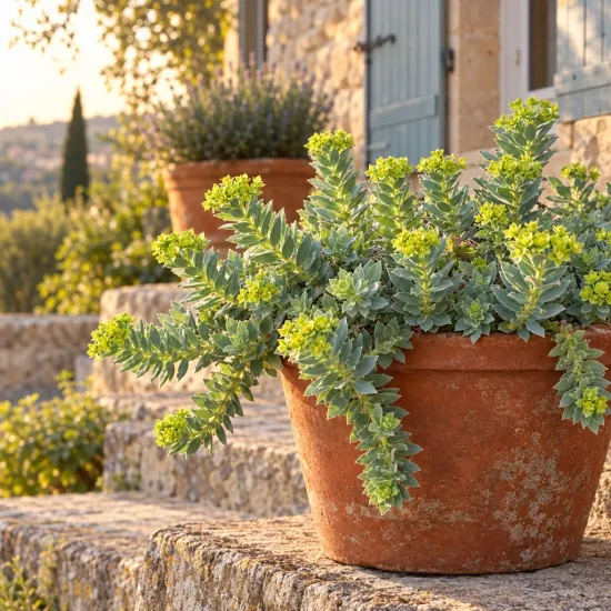 Euphorbe de corse (Euphorbia myrsinites) — plante succulente en pot sur marches en pierre · Photo d'illustration
