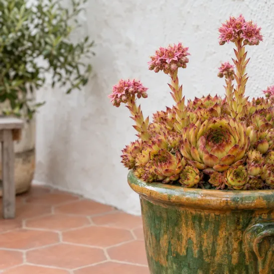 Joubarbe 'Butterscotch baby' (Sempervivum) — succulente en rosettes fleuries dans un grand pot · Photo d'illustration