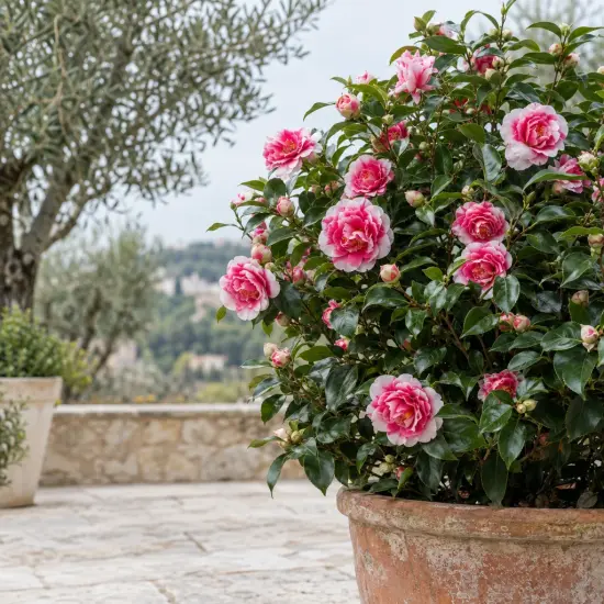 Camélia du japon 'Volunteer' (Camellia japonica) — arbuste fleuri bicolore en grand pot sur terrasse