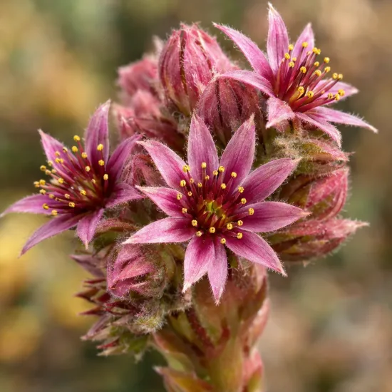 Joubarbe à rosette rouge foncé coeur duveteux 'Cosmic candy' (Sempervivum) — fleurs étoilées rose vif en gros plan · Photo d'illustration