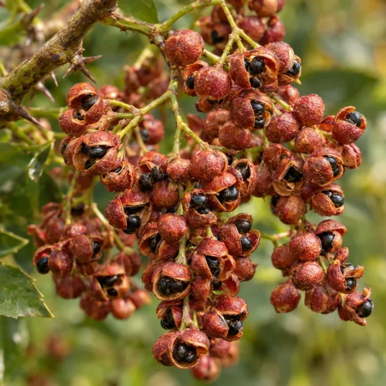 Poivrier de timut (Zanthoxylum alatum) — grappes de petits fruits ouverts bicolores · Photo d'illustration