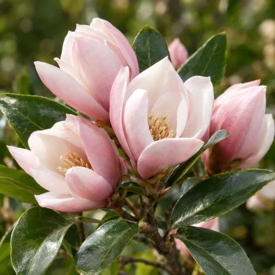 Magnolia à fleur rose 'Micjur01' (Michelia) — gros plan de fleurs rose pâle ouvertes · Photo d'illustration