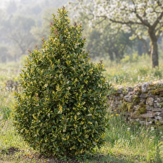Houx à feuilles de myrte panaché 'Myrtifolia aurea maculata' (Ilex aquifolium) — arbuste persistant isolé devant muret de pierres · Photo d'illustration