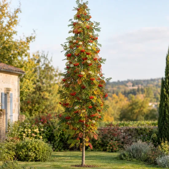 Sorbier des oiseleurs 'Autumn spire' (Sorbus aucuparia) — arbre étroit couvert de grappes de fruits rouges · Photo d'illustration