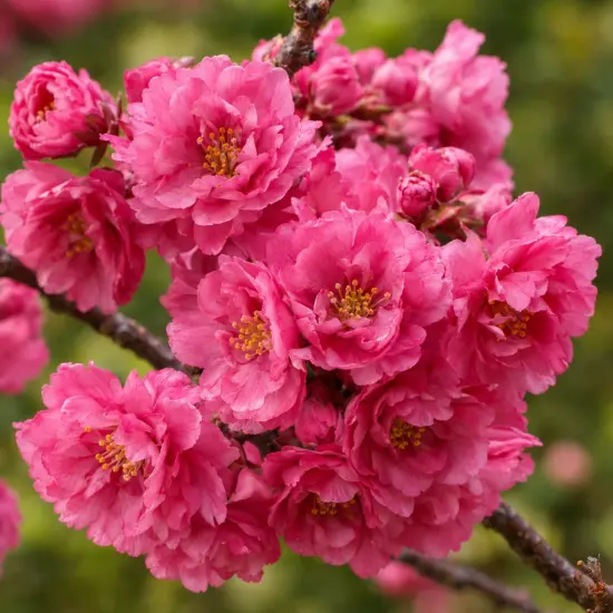 Cerisier du japon 'Fukubana' (Prunus subhirtella) — gros plan de grappes de fleurs roses