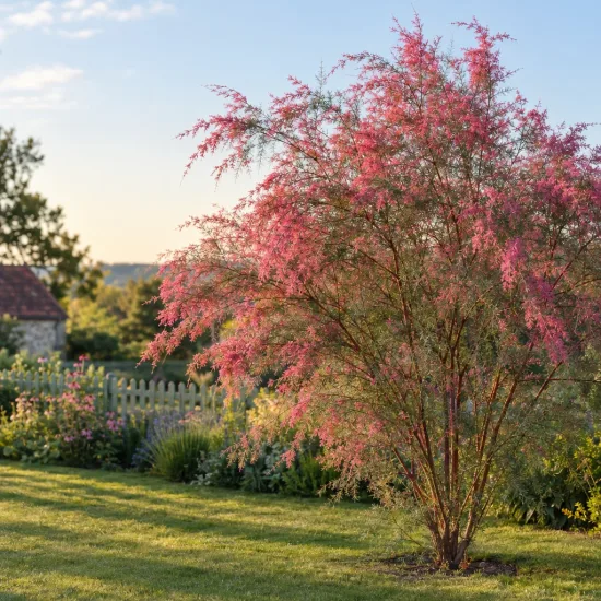 Tamaris d'été 'Rubra' (Tamarix ramosissima) — grand arbuste aux fins rameaux roses dans jardin · Photo d'illustration