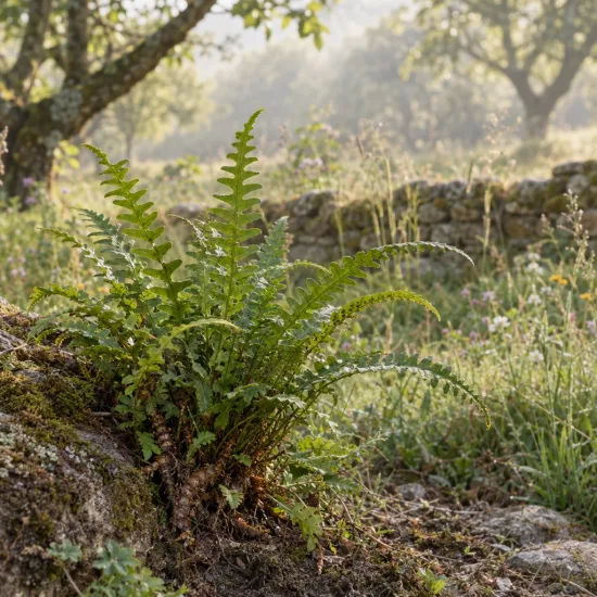 Polypode commun (Polypodium vulgare) — fougère sauvage poussant sur un rocher · Photo d'illustration