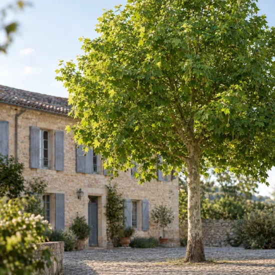Platane à feuilles d'érable '(acerifolia)' (Platanus × hispanica) — grand arbre isolé devant maison en pierre · Photo d'illustration