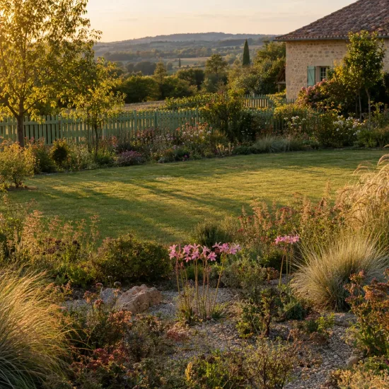 Lys belladonne (Amaryllis belladonna) — massif de fleurs roses dans un jardin paysager · Photo d'illustration
