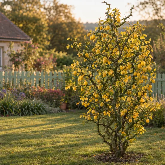 Orange trifoliée naine 'Flying dragon' (Poncirus trifoliata) — arbuste épineux couvert de fruits jaunes en jardin · Photo d'illustration