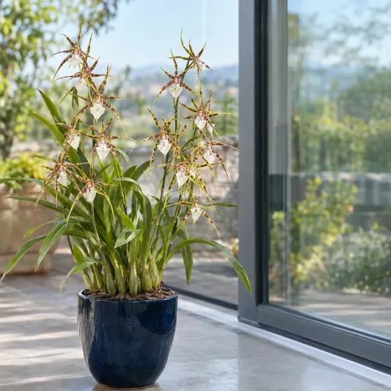 Orchidée 'Sweet senorita' (Miltassia estrelita) — plante à longues feuilles et fleurs étoilées en pot · Photo d'illustration