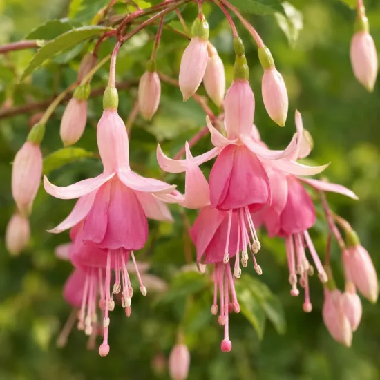 Fushia 'Rose pale' (Fuchsia) — clochettes pendantes roses et rose pâle en fleurs