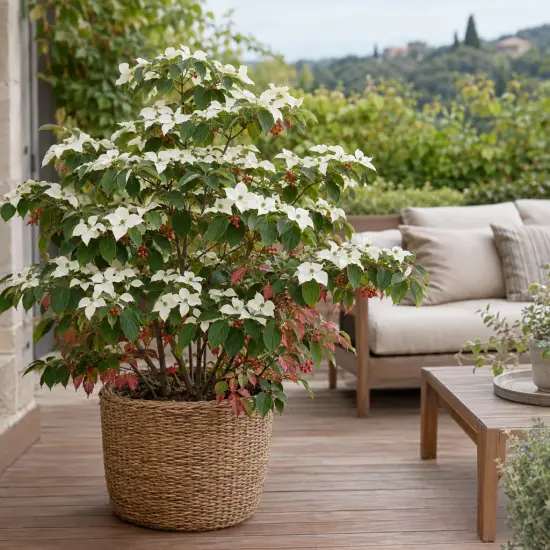 Cornouiller du japon 'Robert's select' (Cornus kousa) — grand arbuste fleuri en pot sur terrasse