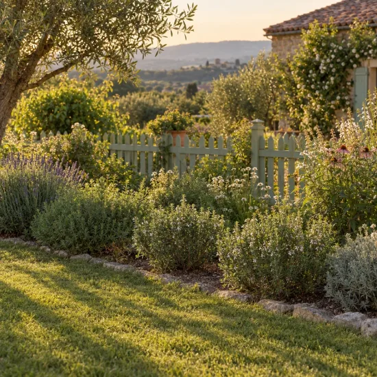 Sarriette 'Montana' (Satureja) — massif d'aromatiques devant clôture et maison · Photo d'illustration