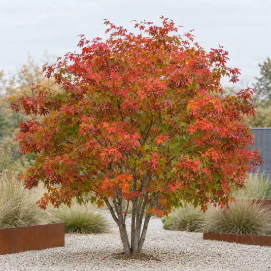 Érable de mandchourie 'Subsp. ginnala' (Acer tataricum) — arbuste aux feuilles rouges au centre d’allée gravillonnée · Photo d'illustration
