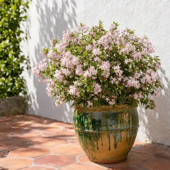 Deutziaprettistars 'Pink cloud' — arbuste fleuri en pot sur terrasse ensoleillée