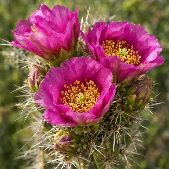 Cactée (Cylindropuntia spinosior) — gros plan de fleurs roses sur cactus épineux · Photo d'illustration