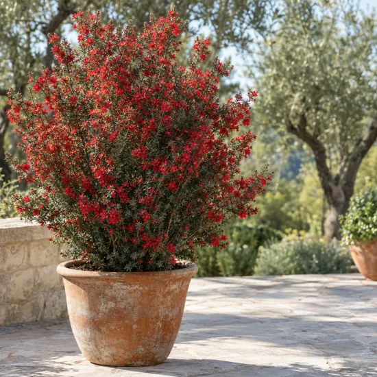 L’arbre à thé 'Rouge' (Leptospermum scoparium) — arbuste dense fleuri en pot sur terrasse · Photo d'illustration