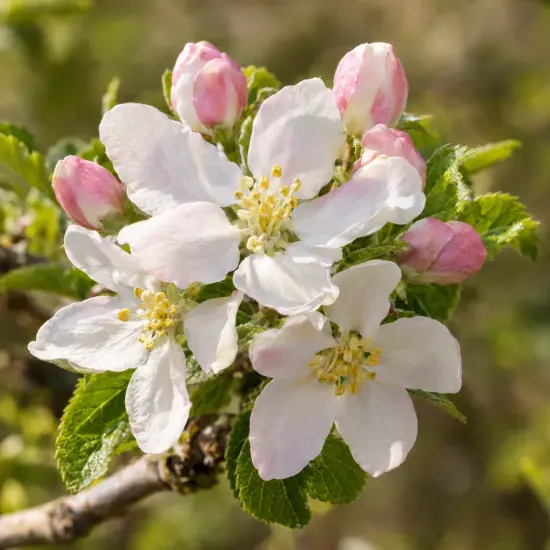 Pommier 'Nain garden sun red' (Malus domestica) — fleurs blanches épanouies avec boutons roses