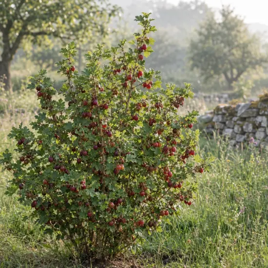 Groseillier à maquereau rouge 'Winham's industry' (Ribes uva) — arbuste touffu couvert de nombreux petits fruits rouges