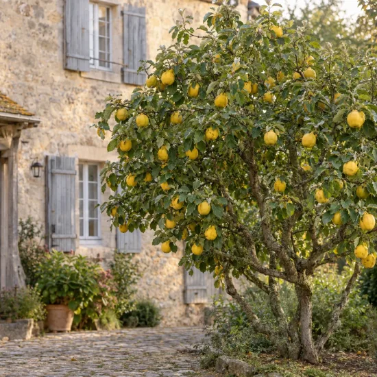 Cognassier d'angers 'Angers' (Cydonia oblonga) — arbre fruitier chargé de gros fruits jaunes · Photo d'illustration