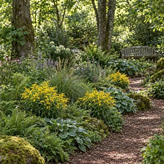 Verge d'or 'Golden dwarf' (Solidago) — touffe de petites fleurs jaunes en massif ombragé · Photo d'illustration