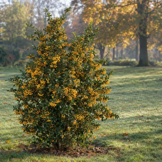Buisson-ardent 'Soleil d or' (Pyracantha) — arbuste couvert de baies jaunes au jardin · Photo d'illustration