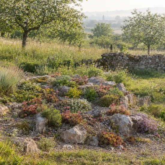 Joubarbe à rosette vert orangé 'Cinnamon starburst' (Sempervivum) — massif de rocailles fleuries dans prairie campagnarde · Photo d'illustration