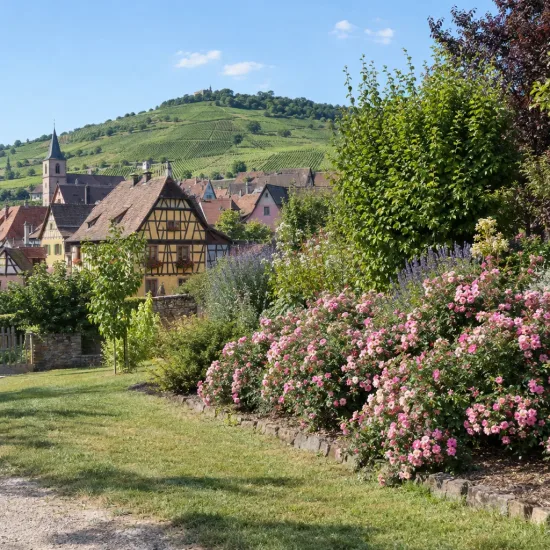 Rosier couvre-sol 'Pretty fairy' (Rosa) — massif de petits rosiers roses devant village · Photo d'illustration
