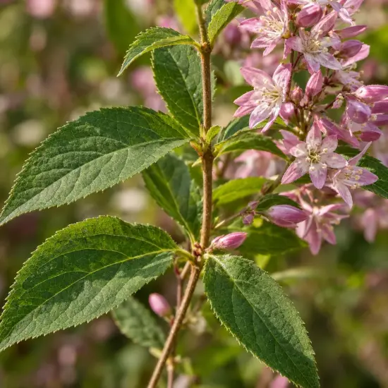 Deutzie 'Mont rose' (Deutzia) — branche avec fleurs roses étoilées et feuilles vertes