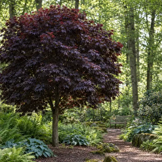 Érable plane 'Crimson king' (Acer platanoides) — arbre au feuillage pourpre bordant un sentier forestier
