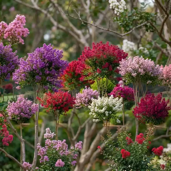 Lilas des indes 'En variétés' (Lagerstroemia indica) — nombreux arbustes fleuris aux grappes roses, rouges et blanches