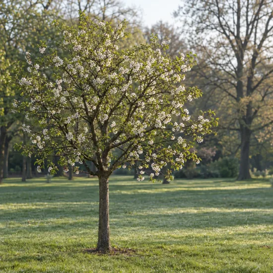 Prunier saint julien inrae 'St julien inrae' (Prunus domestica) — petit arbre en fleurs dans un parc · Photo d'illustration