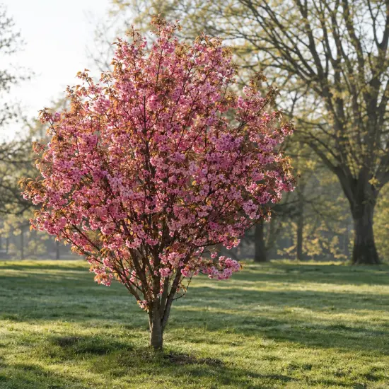 Cerisier du japon 'Fukubana' (Prunus subhirtella) — arbre couvert de fleurs roses dans un parc