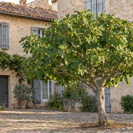 Figuier 'Blanquette' (Ficus carica) — arbre fruitier bien développé dans cour pavée