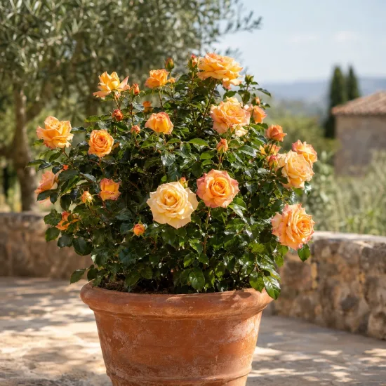 Rosier 'Saint exupery' (Rosa hybrida) — rosier buissonnant fleuri dans grand pot en terre cuite · Photo d'illustration