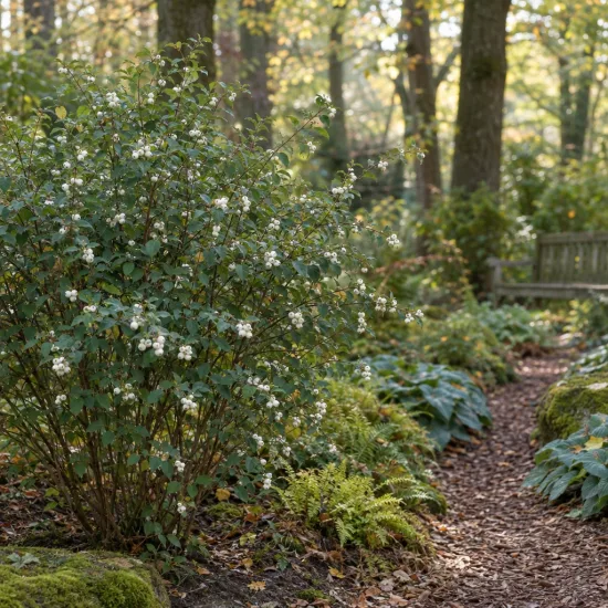 Symphorine de doorenbos à fruits blancs (Symphoricarpos × doorenbosii) — arbuste à petits fruits blancs près d'un sentier · Photo d'illustration